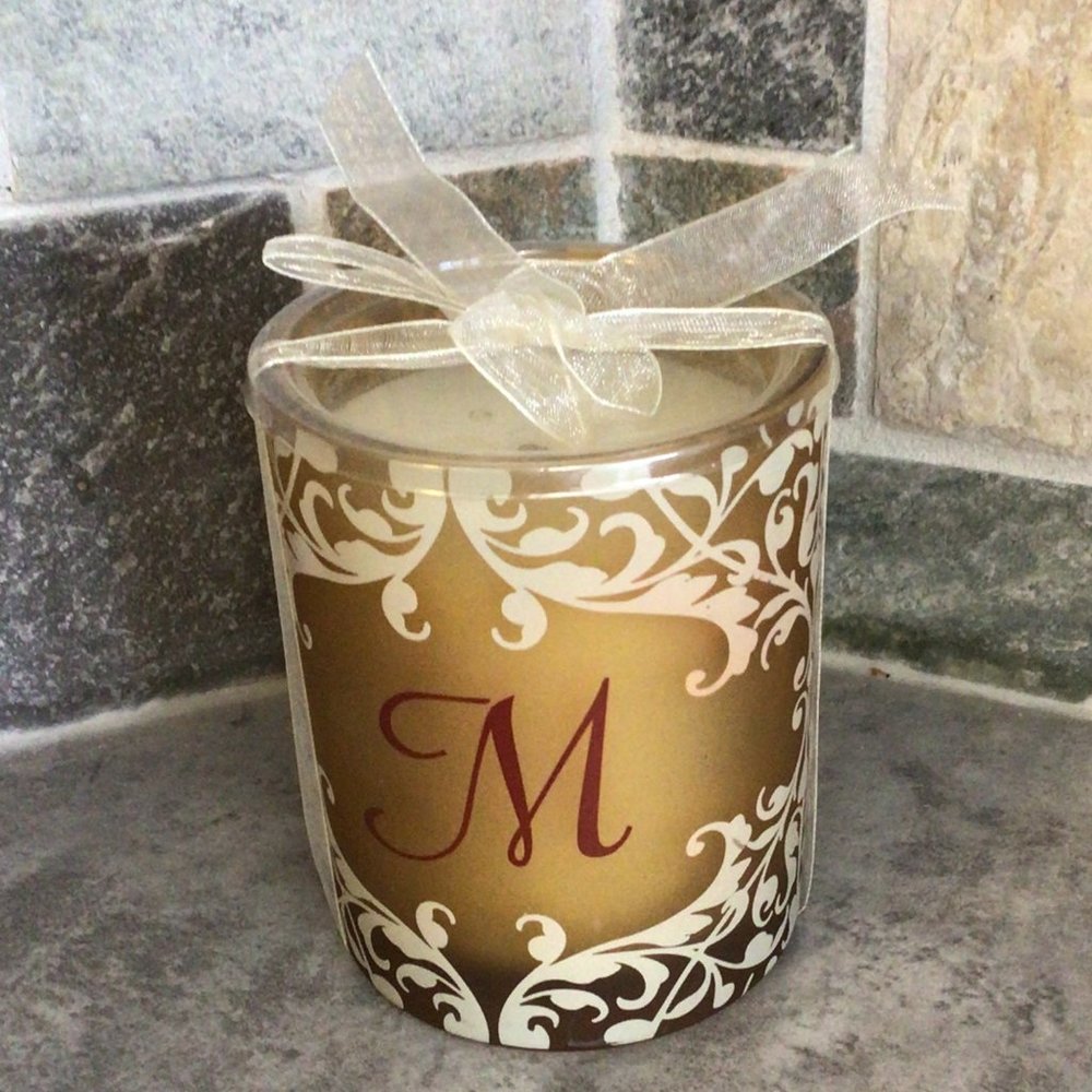Monogramed "M" Glass Decorative Candle Holder with French Vanilla Candle NWT